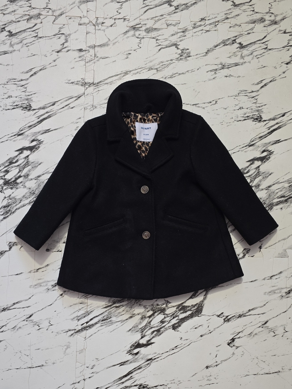 Old Navy Black Kids Pea Coat with Leopard Lining